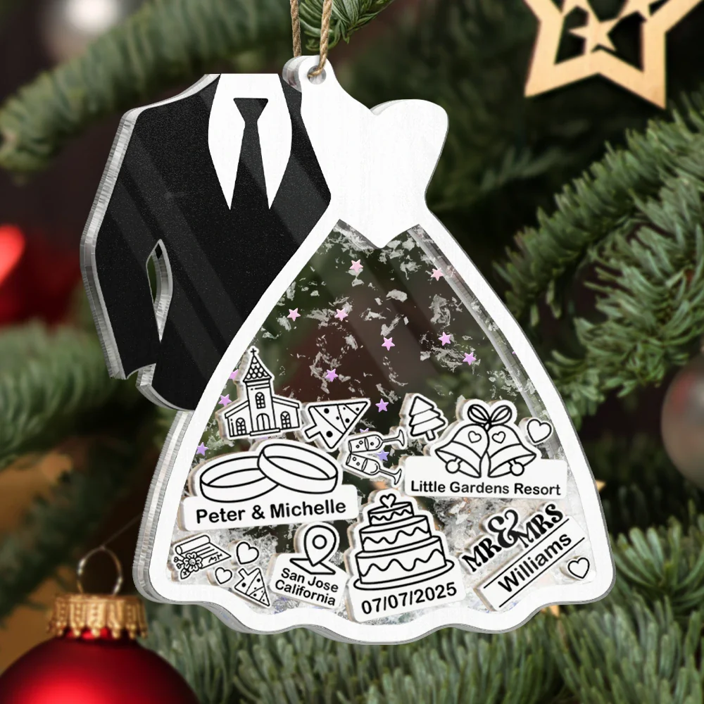 First Christmas Ornament Couple Bride & Groom - Personalized 3-Layered Acrylic Shaker Ornament - Image 3