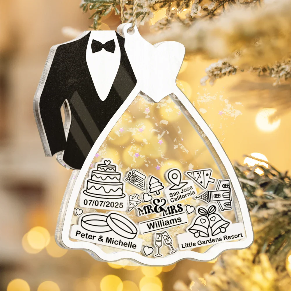 First Christmas Ornament Couple Bride & Groom - Personalized 3-Layered Acrylic Shaker Ornament - Image 4