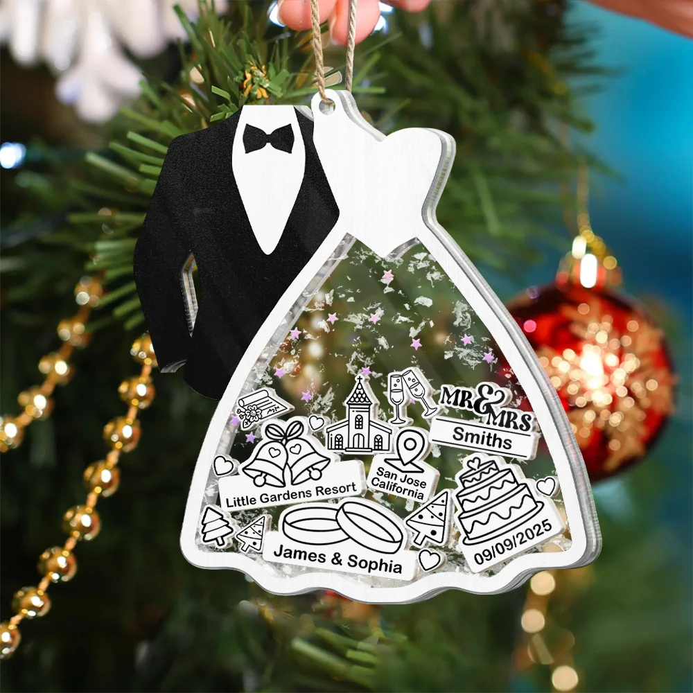 First Christmas Ornament Couple Bride & Groom - Personalized 3-Layered Acrylic Shaker Ornament - Image 5