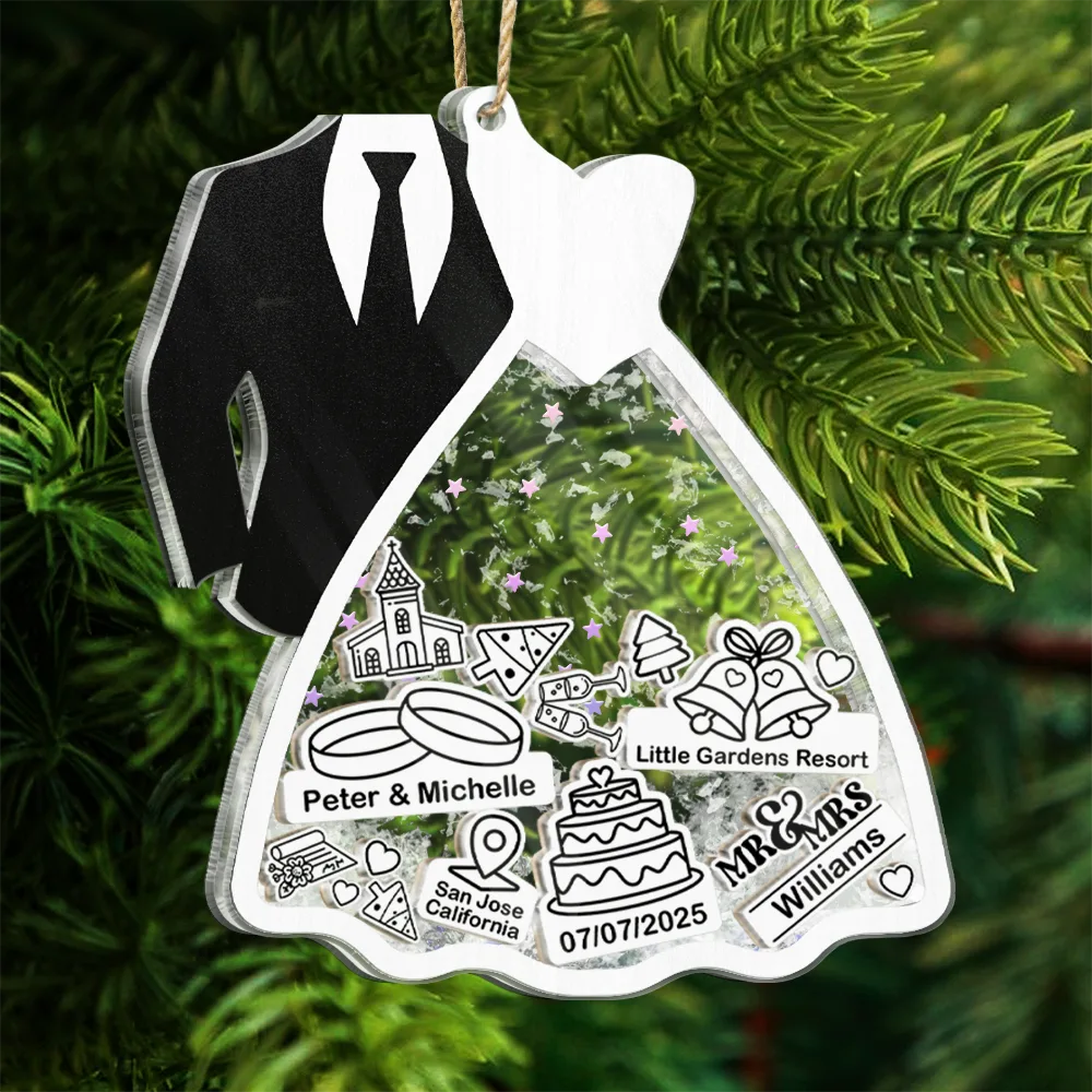 First Christmas Ornament Couple Bride & Groom - Personalized 3-Layered Acrylic Shaker Ornament - Image 6