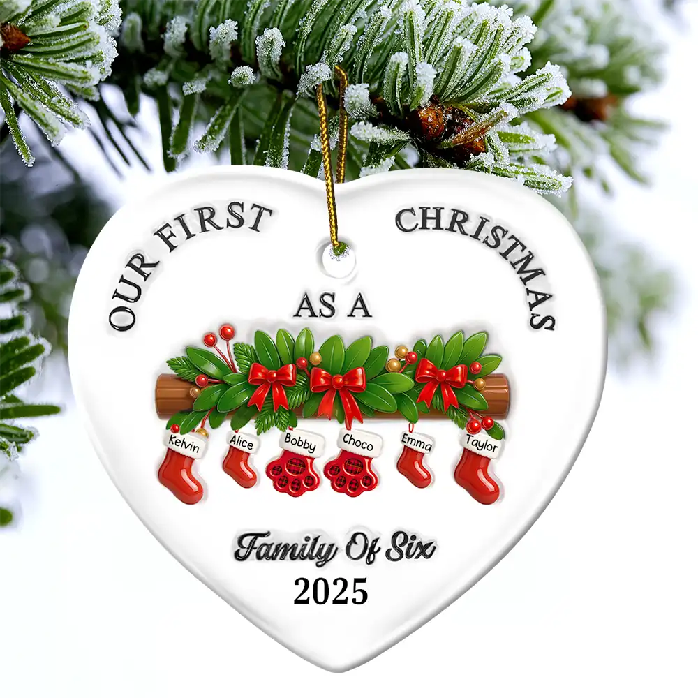 First Christmas Stocking Family - 3D Inflated Effect Printed Ornament, Personalized Heart Ceramic Ornament - Image 4