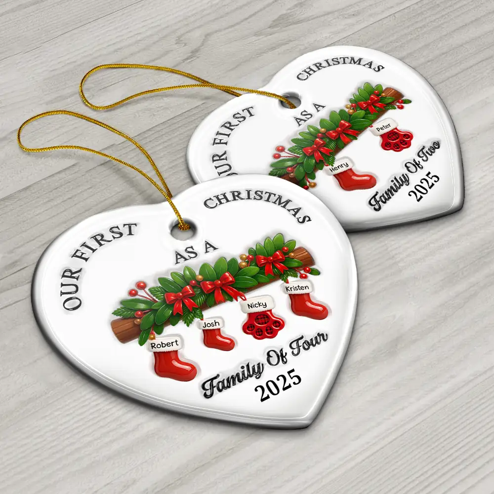 First Christmas Stocking Family - 3D Inflated Effect Printed Ornament, Personalized Heart Ceramic Ornament - Image 6