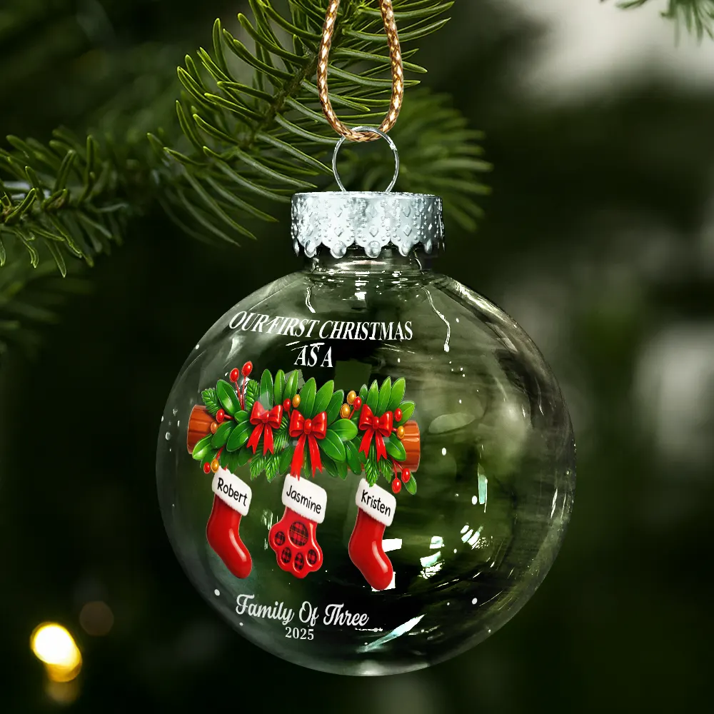 First Christmas Stocking Family - Personalized Ball Ornament - Image 2