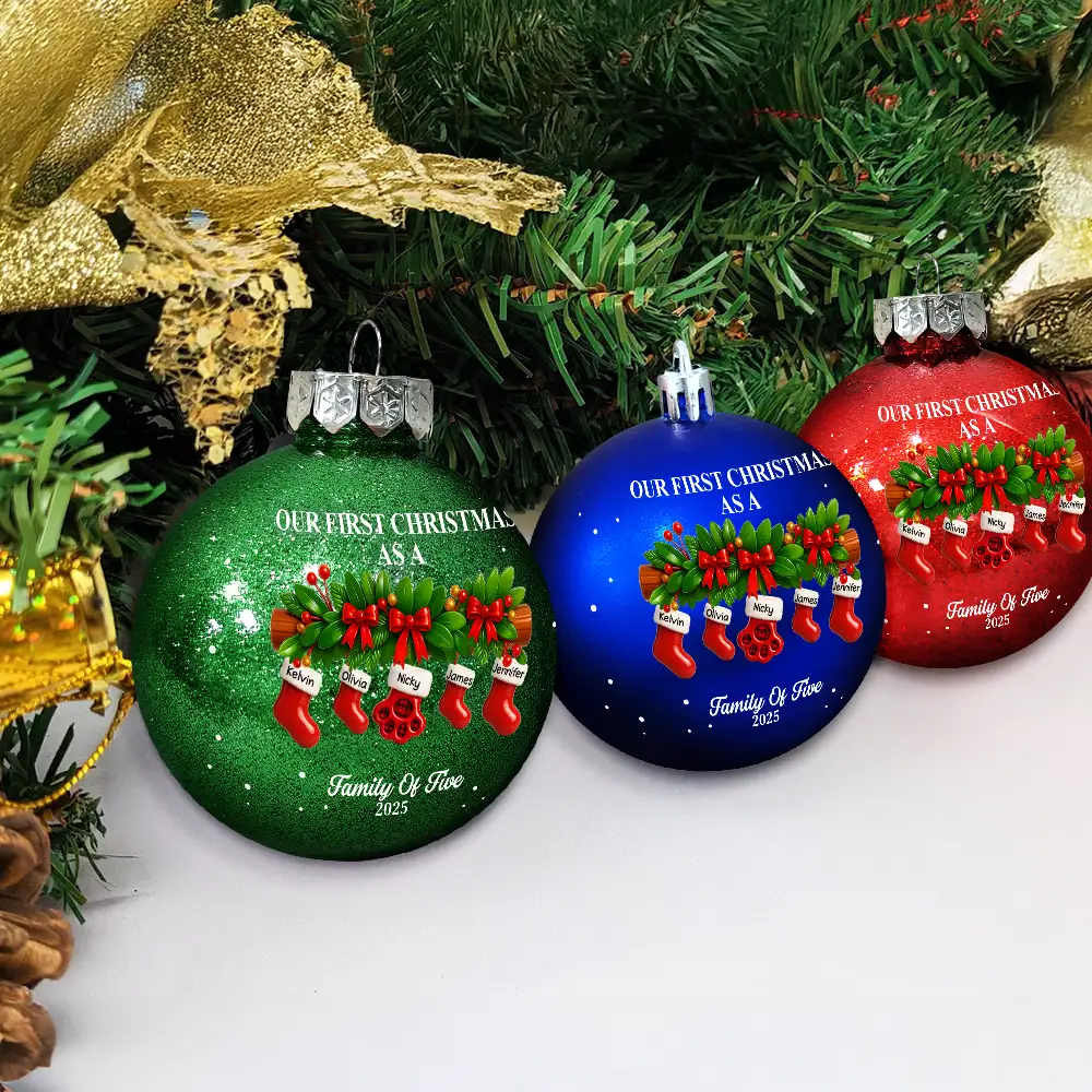 First Christmas Stocking Family - Personalized Ball Ornament - Image 4