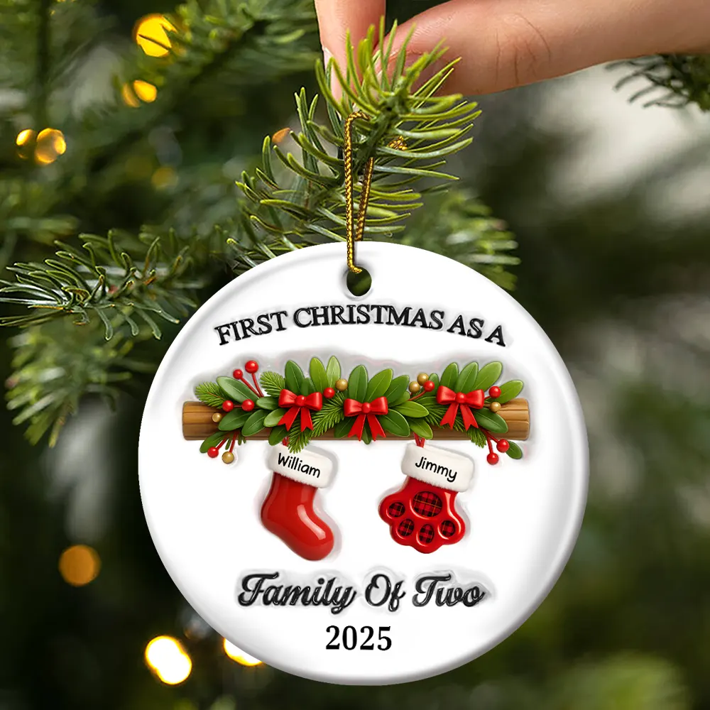 First Christmas Stocking Family - Personalized Circle Ceramic Ornament - Image 3