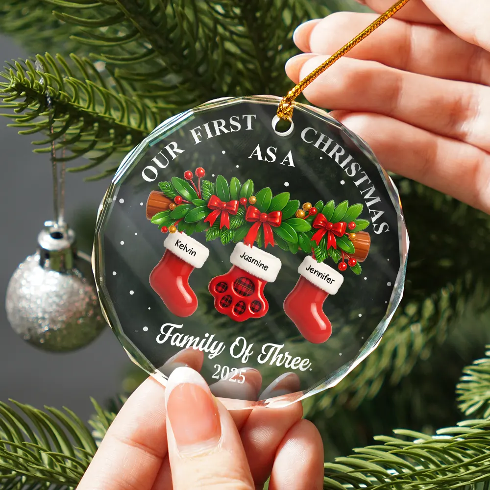First Christmas Stocking Family - Personalized Circle Glass Ornament - Image 2