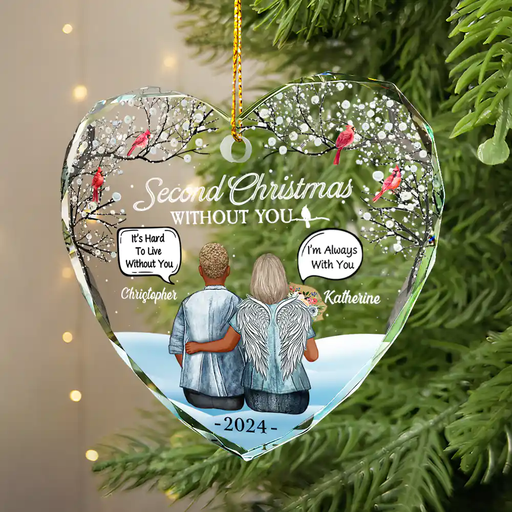 First Christmas Without You Couples Memorial - Personalized Heart Shaped Glass Ornament - Image 2