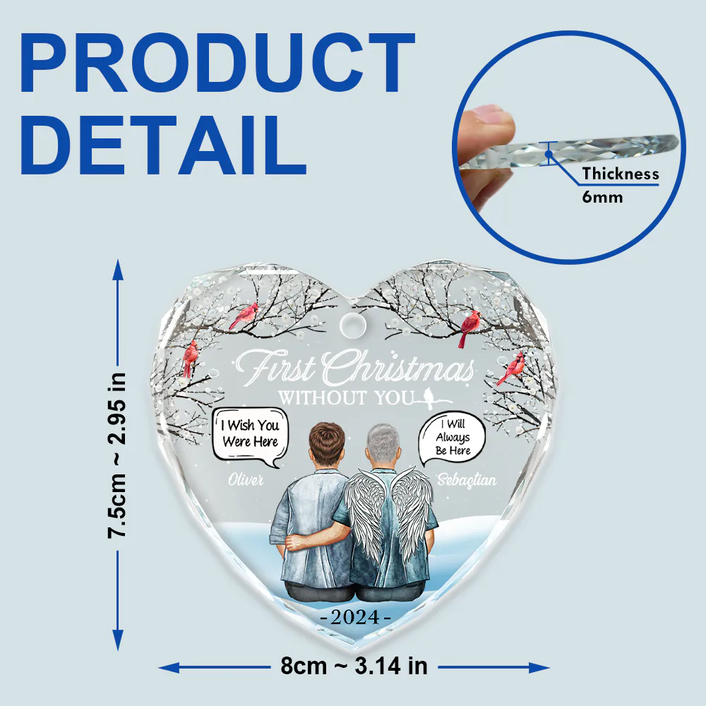 First Christmas Without You Couples Memorial - Personalized Heart Shaped Glass Ornament - Image 5