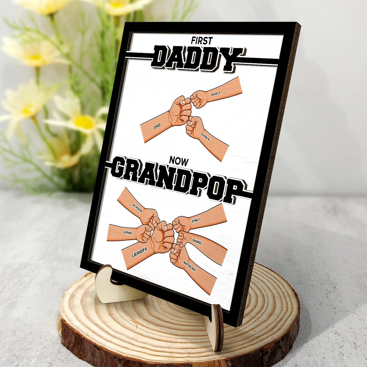 First Dad Now Grandpa Hand Punch - Gift For Father, Grandpa - Personalized 2-Layered Wooden Plaque With Stand - Image 2
