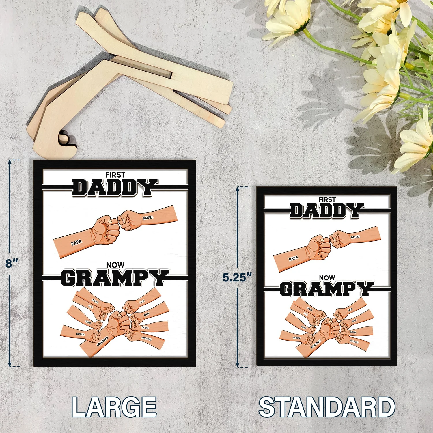 First Dad Now Grandpa Hand Punch - Gift For Father, Grandpa - Personalized 2-Layered Wooden Plaque With Stand - Image 5