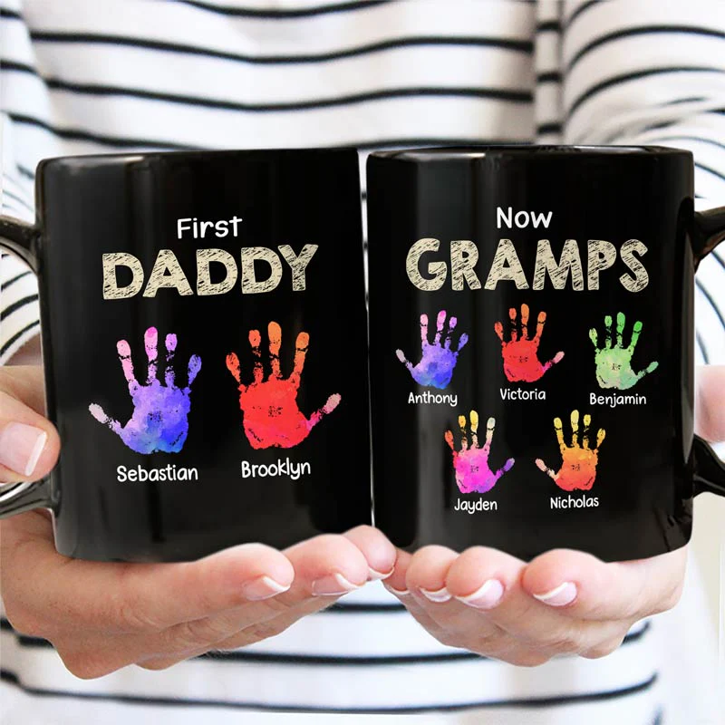 First Dad Now Grandpa Handprints - Personalized Black Mug - Image 2