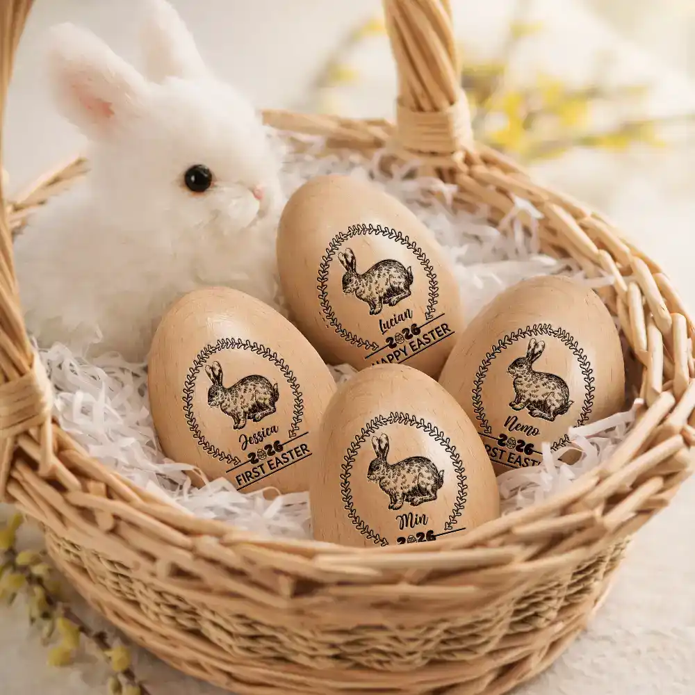First Easter Bunny With Laurel Wreath - Personalized Musical Wooden Easter Egg Shaker - Image 3