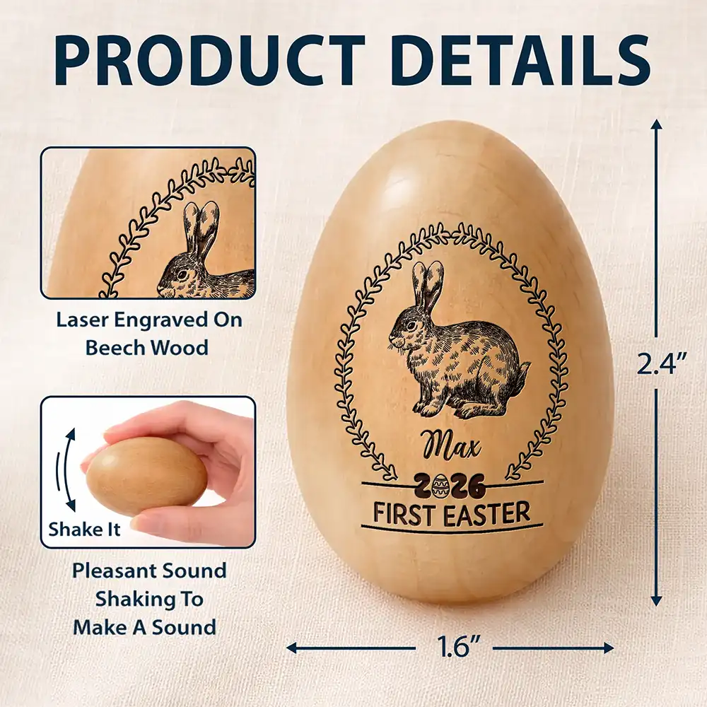 First Easter Bunny With Laurel Wreath - Personalized Musical Wooden Easter Egg Shaker - Image 5