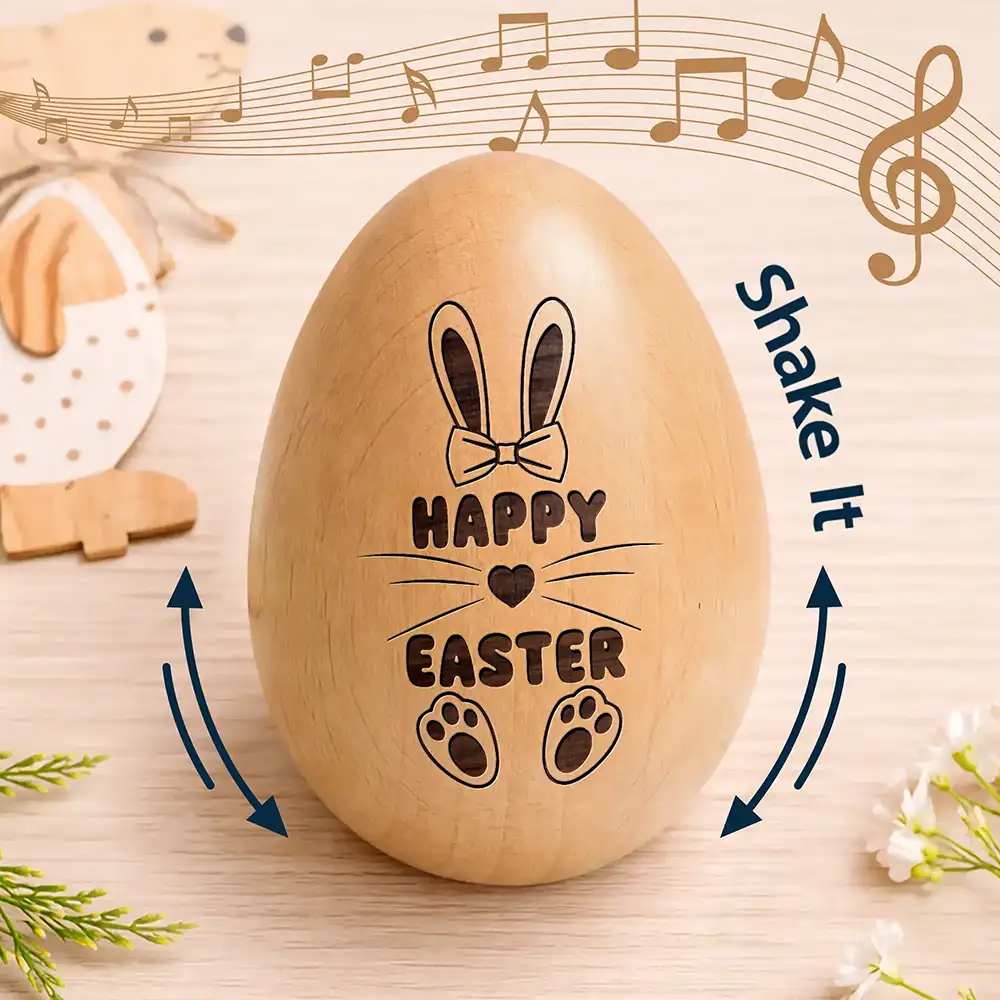First Easter Cute Bunny With Name - Personalized Musical Wooden Easter Egg Shaker - Image 2