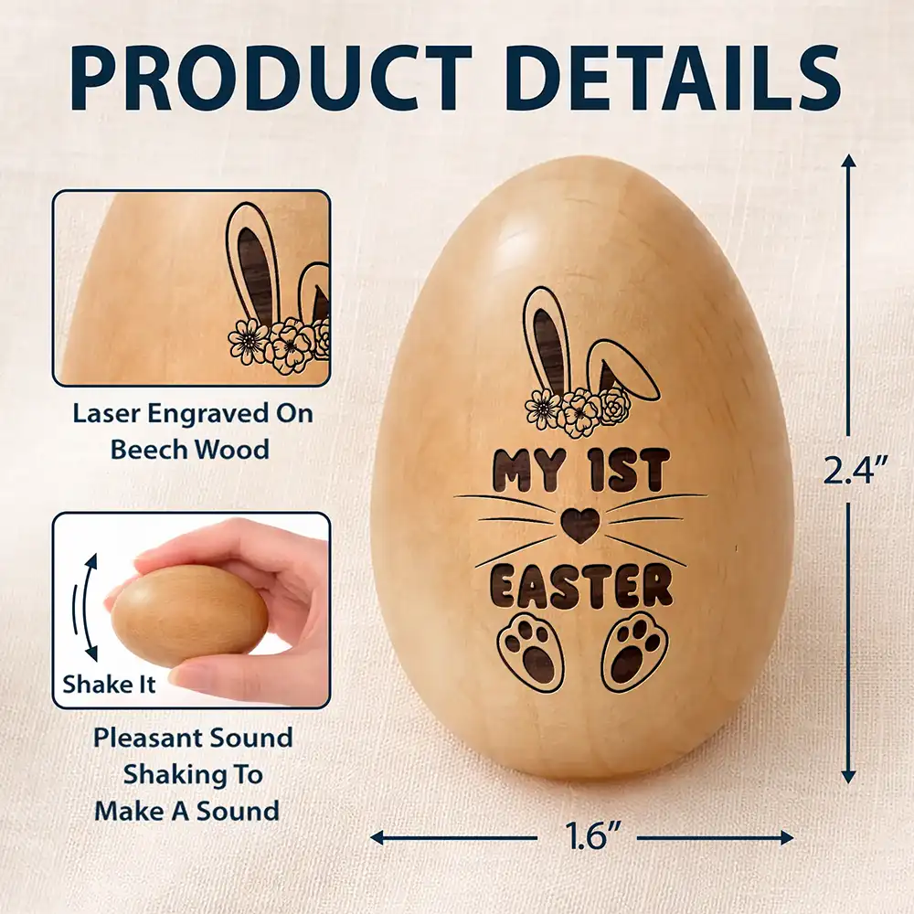 First Easter Cute Bunny With Name - Personalized Musical Wooden Easter Egg Shaker - Image 5
