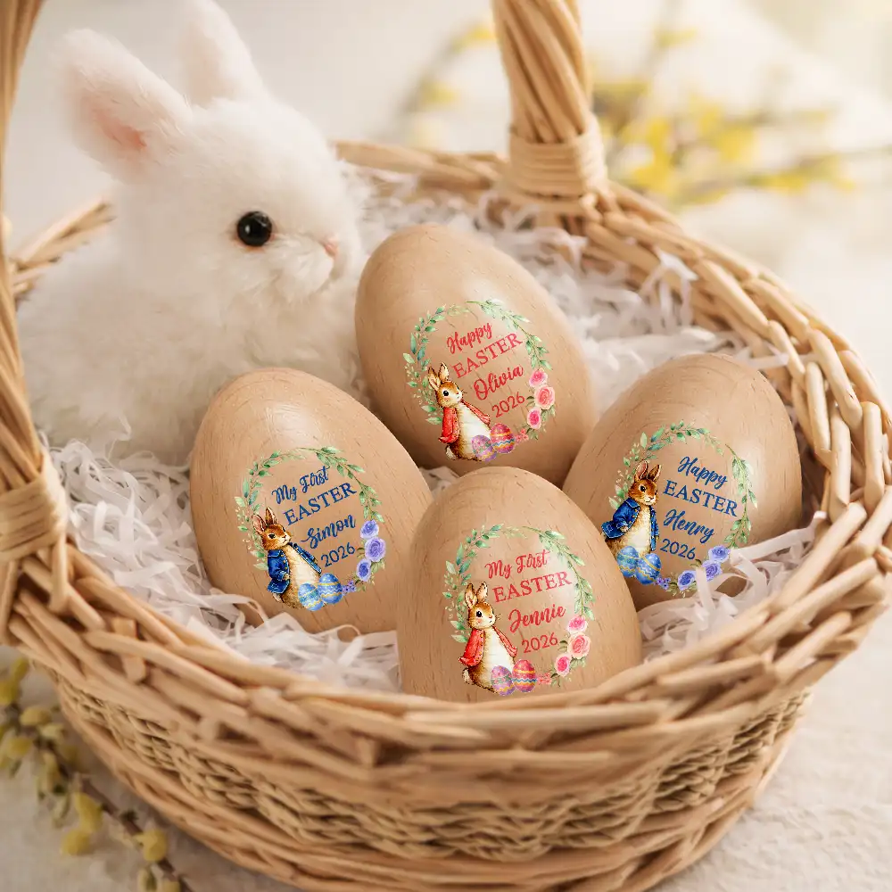 First Easter With Adorable Bunny - Personalized Musical Wooden Easter Egg Shaker - Image 2