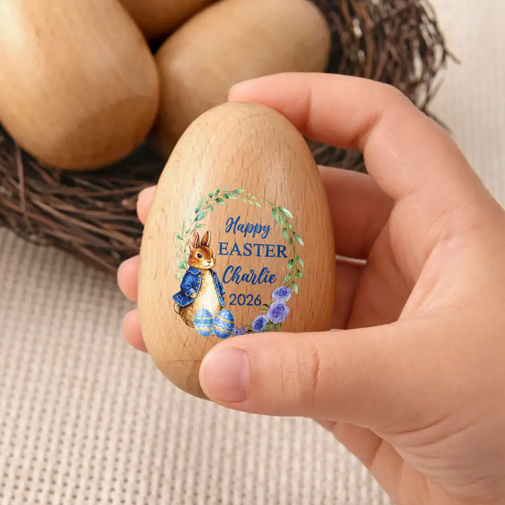 First Easter With Adorable Bunny - Personalized Musical Wooden Easter Egg Shaker - Image 3