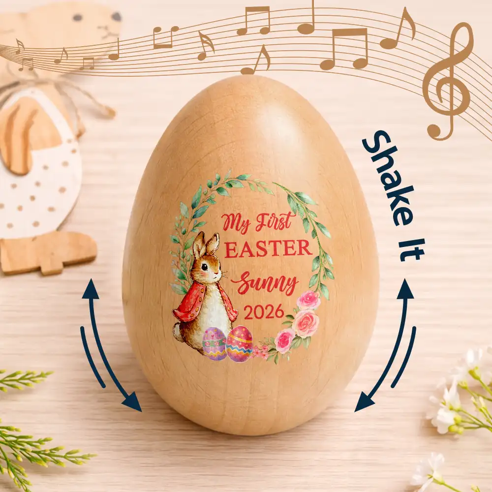 First Easter With Adorable Bunny - Personalized Musical Wooden Easter Egg Shaker - Image 4