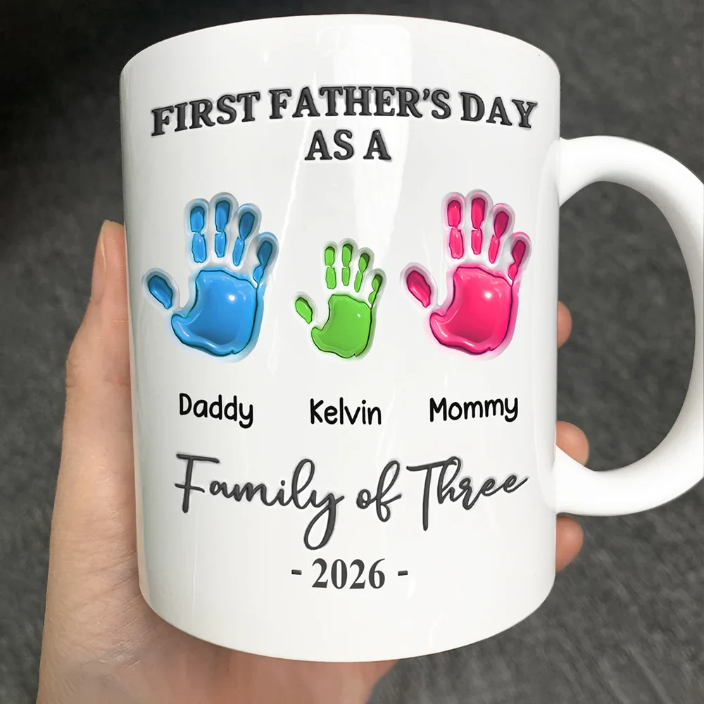 First Time Ever As A Family Of Three Handprints - 3D Inflated Effect Printed Mug, Personalized Mug - Image 2