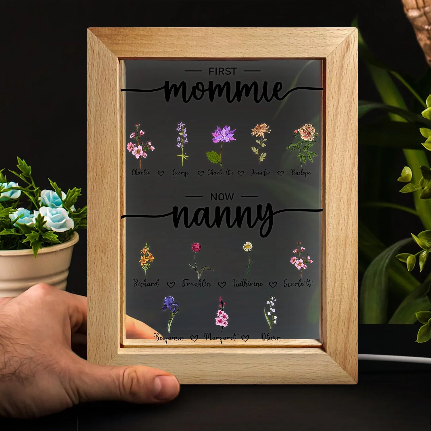 First Mama Now Nanny Flowers - Gift For Grandma, Nana, Granny - Personalized Frame Lamp - Image 4