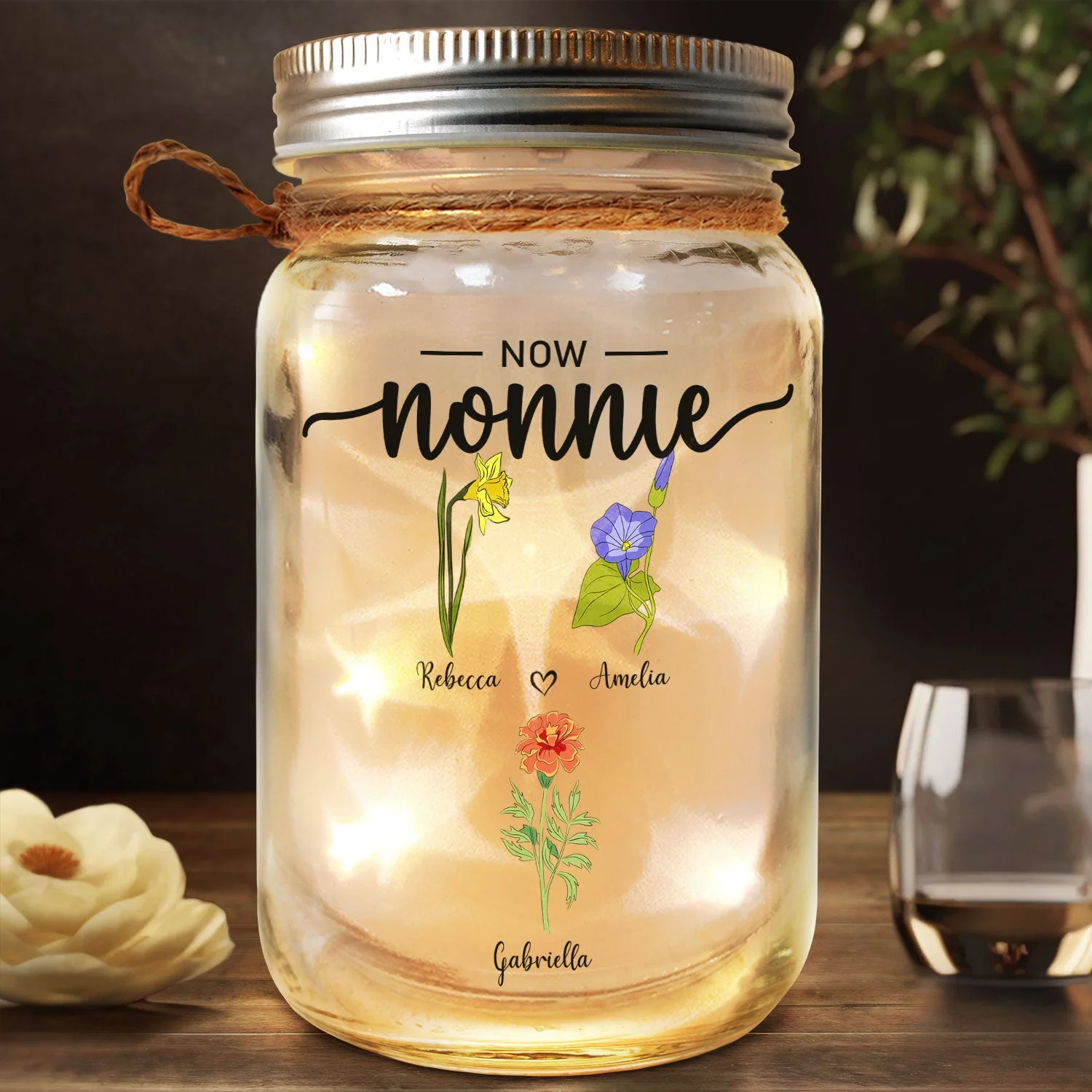 First Mama Now Nanny Flowers - Gift For Grandma, Nana, Granny - Personalized Mason Jar Light - Image 2