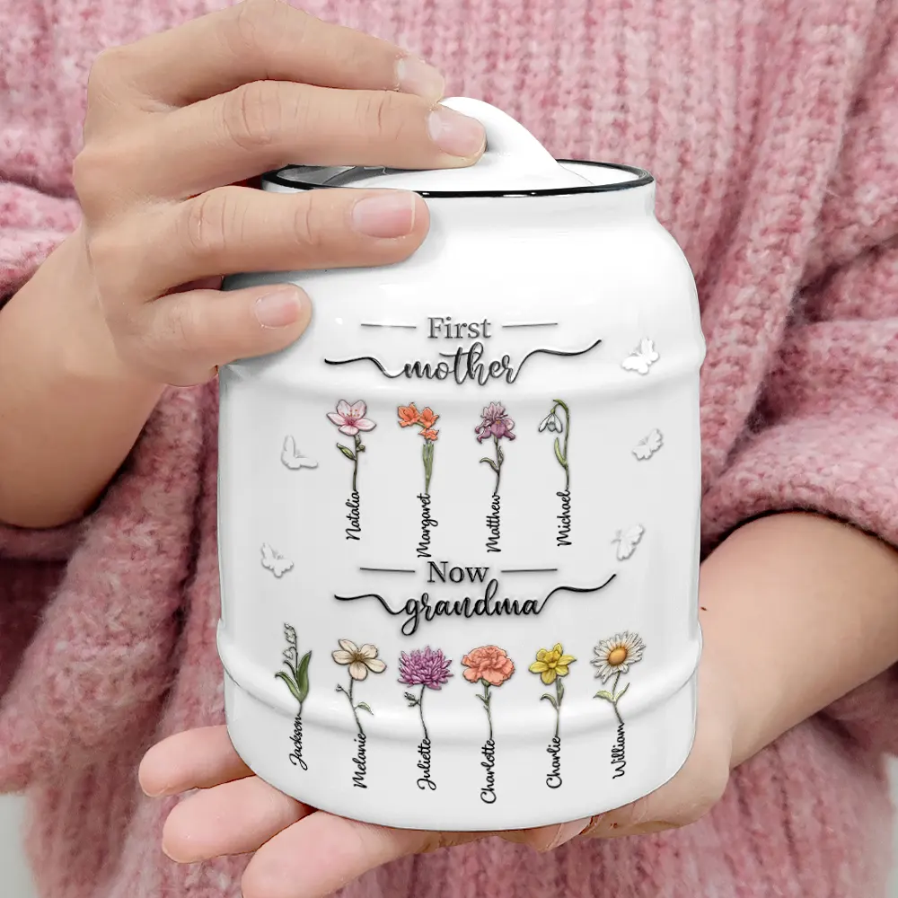 First Mom Now Grandma 3D Effect Birth Flowers - Personalized Cookie Jar - Image 4