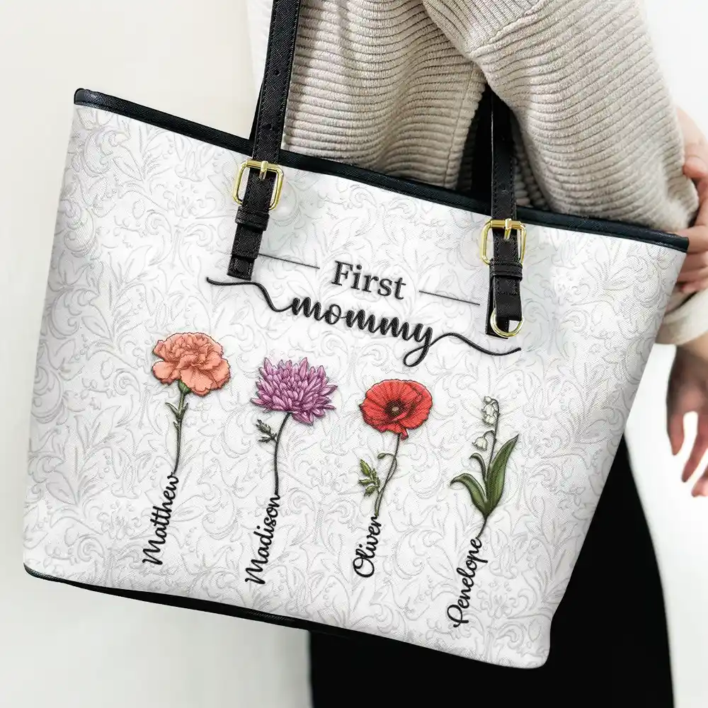 First Mom Now Grandma 3D Effect Birth Flowers - Personalized Leather Tote Bag - Image 3