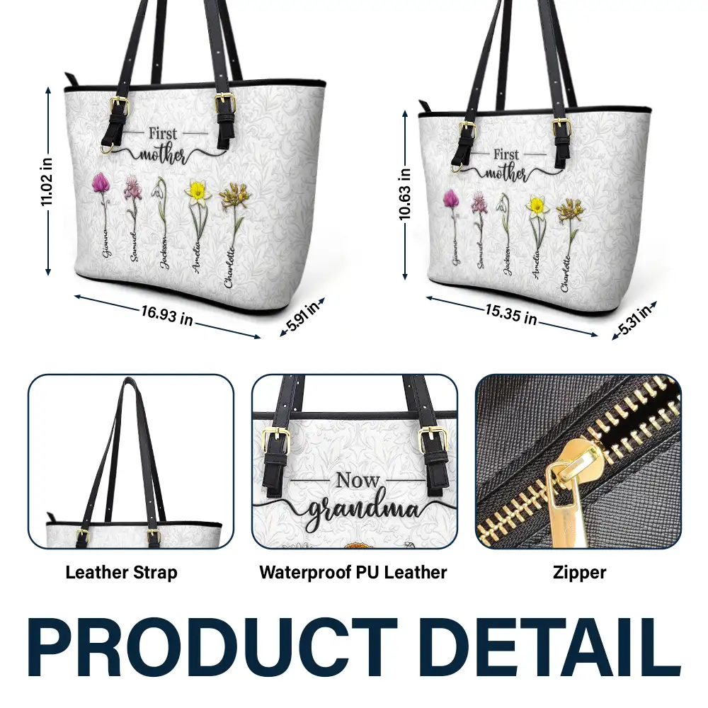 First Mom Now Grandma 3D Effect Birth Flowers - Personalized Leather Tote Bag - Image 6