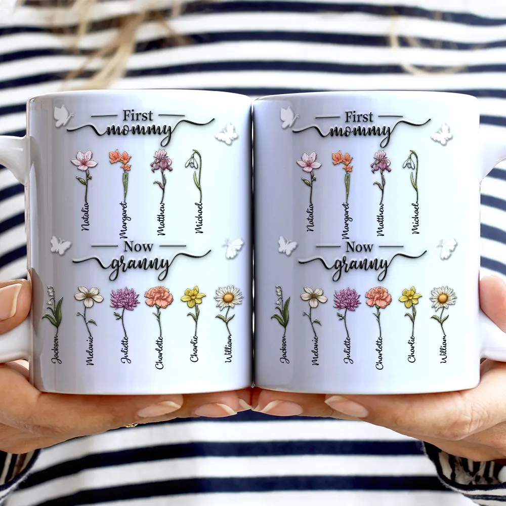 First Mom Now Grandma 3D Effect Birth Flowers - Personalized White Edge-to-Edge Mug - Image 2