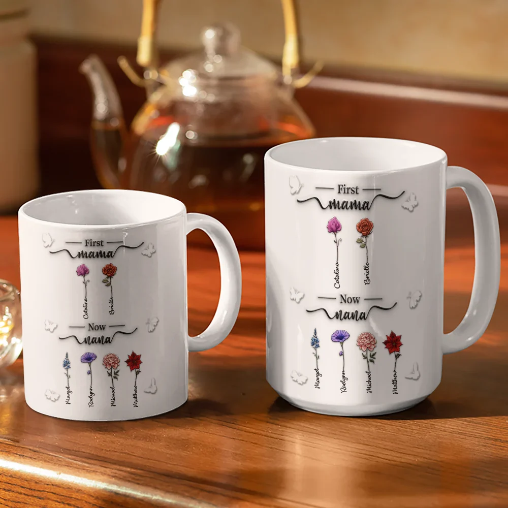 First Mom Now Grandma 3D Effect Birth Flowers - Personalized White Edge-to-Edge Mug - Image 3