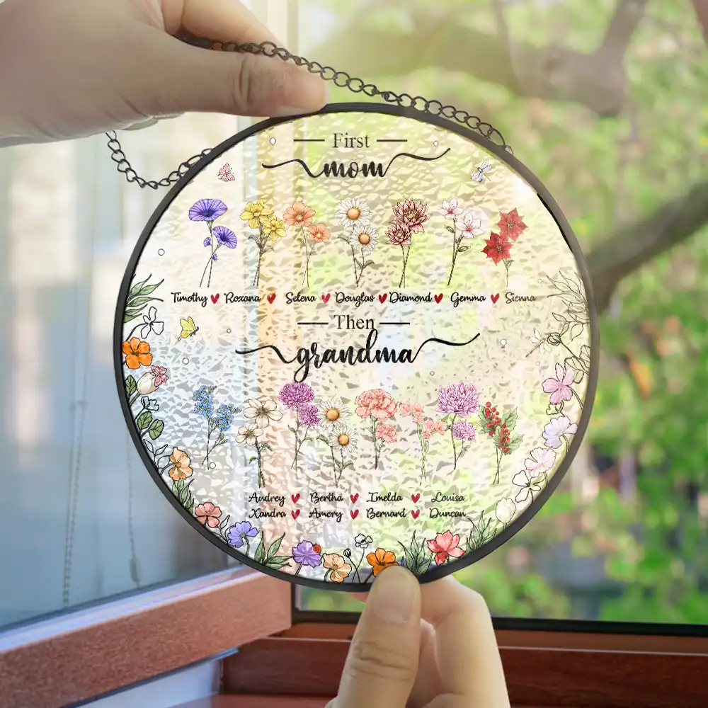 First Mom Now Grandma Birth Flower - Personalized Stained Glass Window Hanging Suncatcher - Image 4