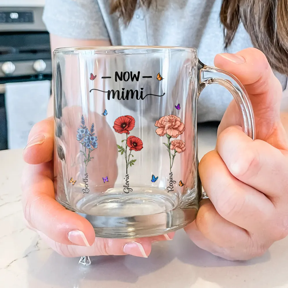 First Mom Now Grandma Birth Flowers - Personalized Glass Mug - Image 3
