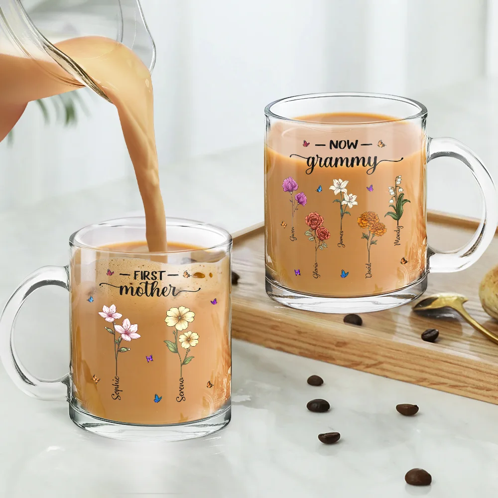 First Mom Now Grandma Birth Flowers - Personalized Glass Mug - Image 4