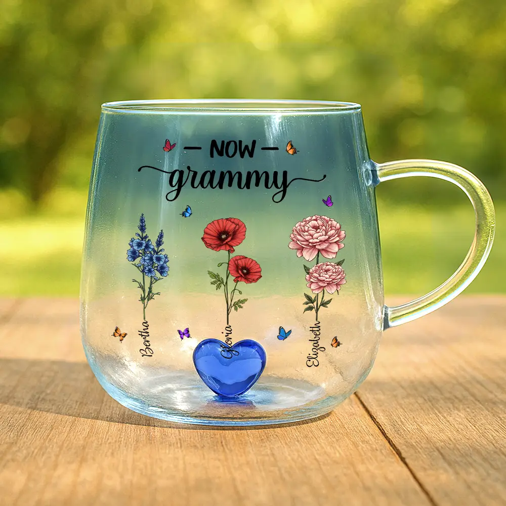 First Mom Now Grandma Birth Flowers - Personalized Gradient Glass Mug - Image 2