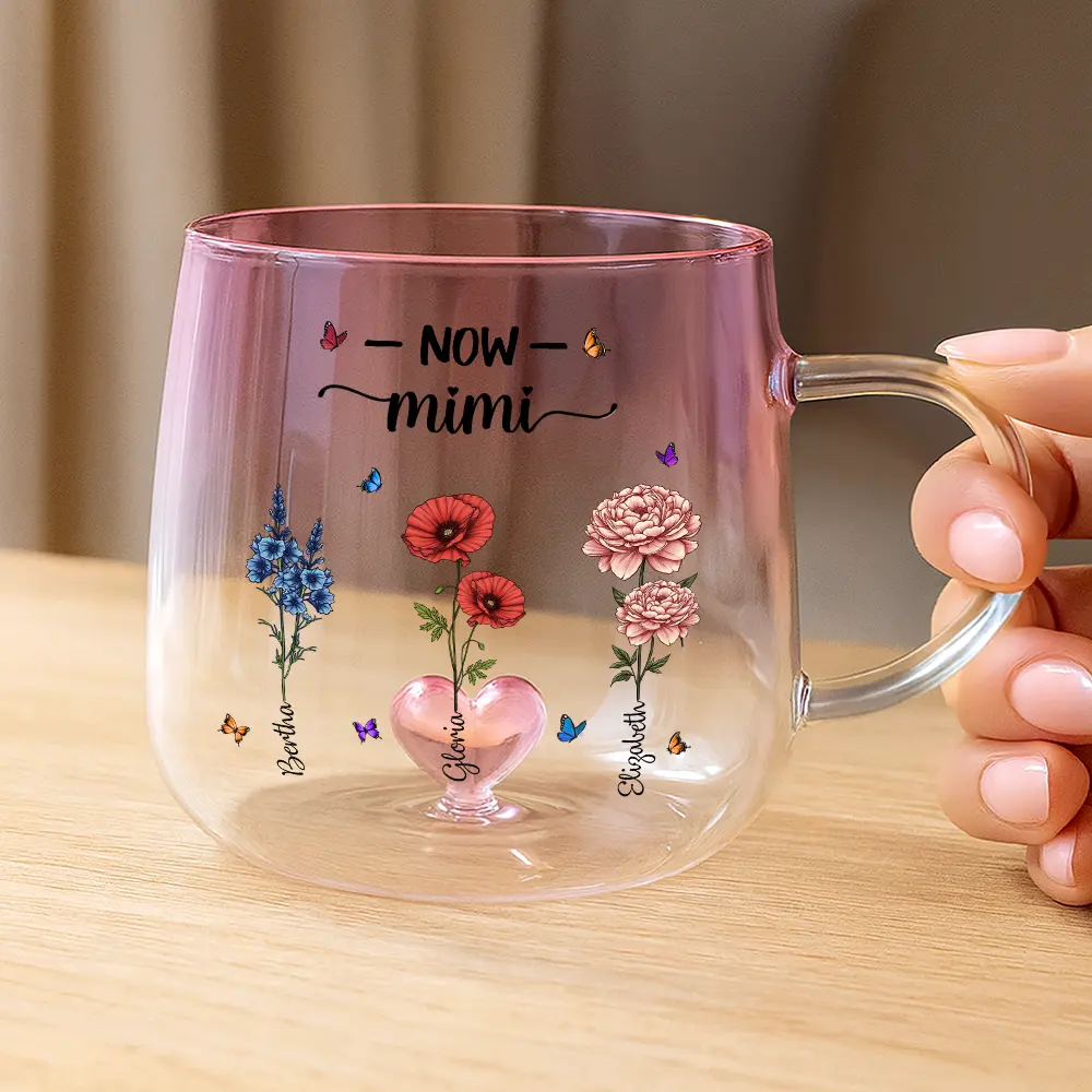 First Mom Now Grandma Birth Flowers - Personalized Gradient Glass Mug - Image 3