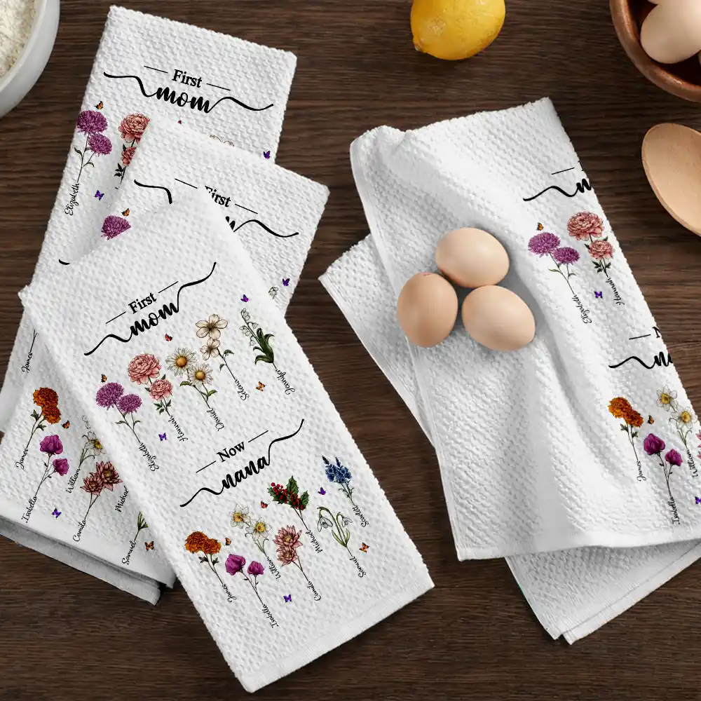 First Mom Now Grandma Birth Flowers - Personalized Kitchen Towel - Image 6