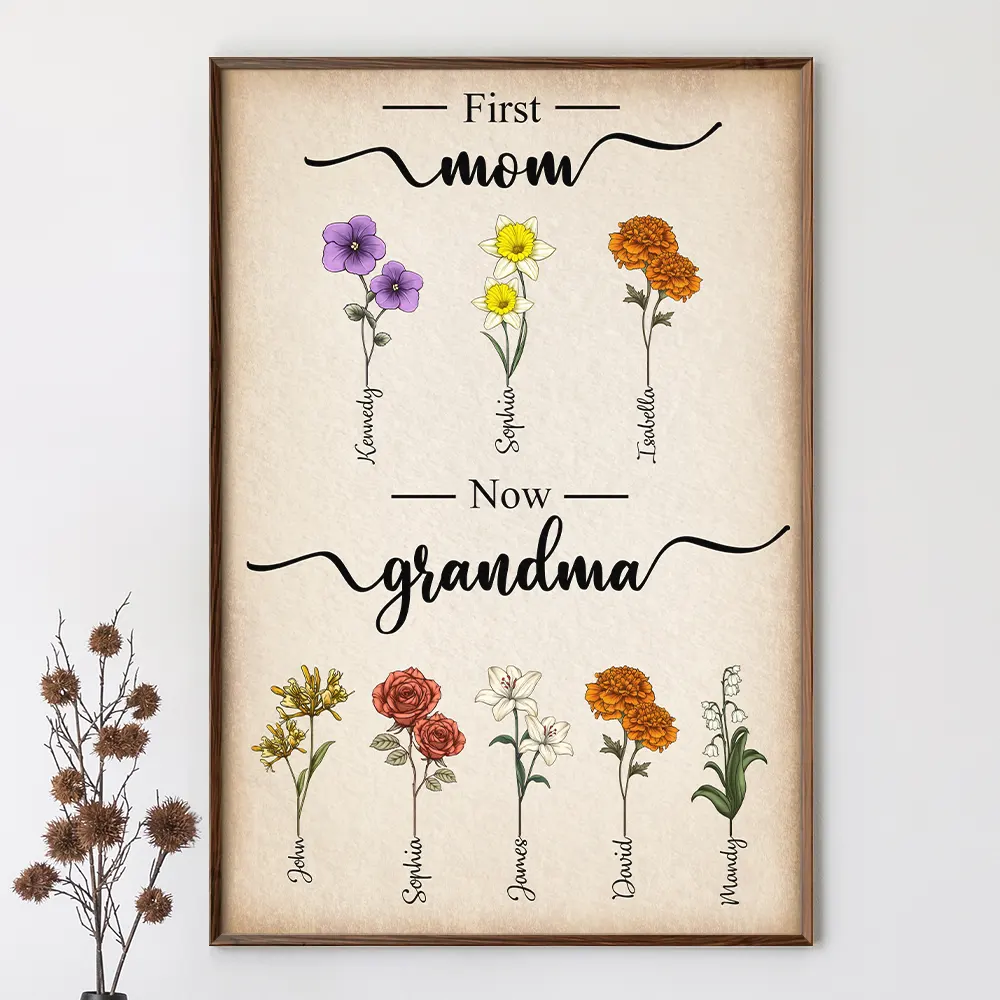 First Mom Now Grandma Birth Flowers - Personalized Poster - Image 2