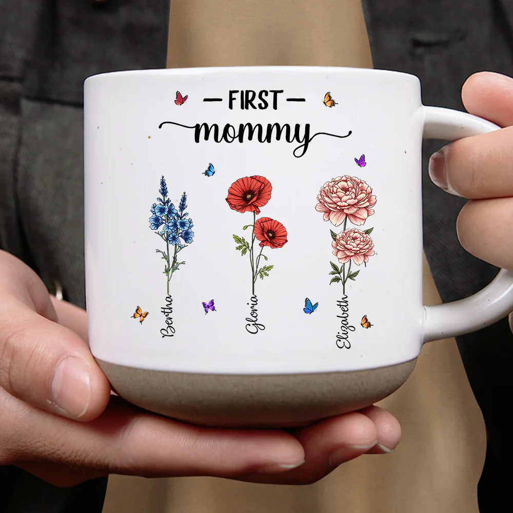 First Mom Now Grandma Birth Flowers - Personalized Pottery Mug - Image 4