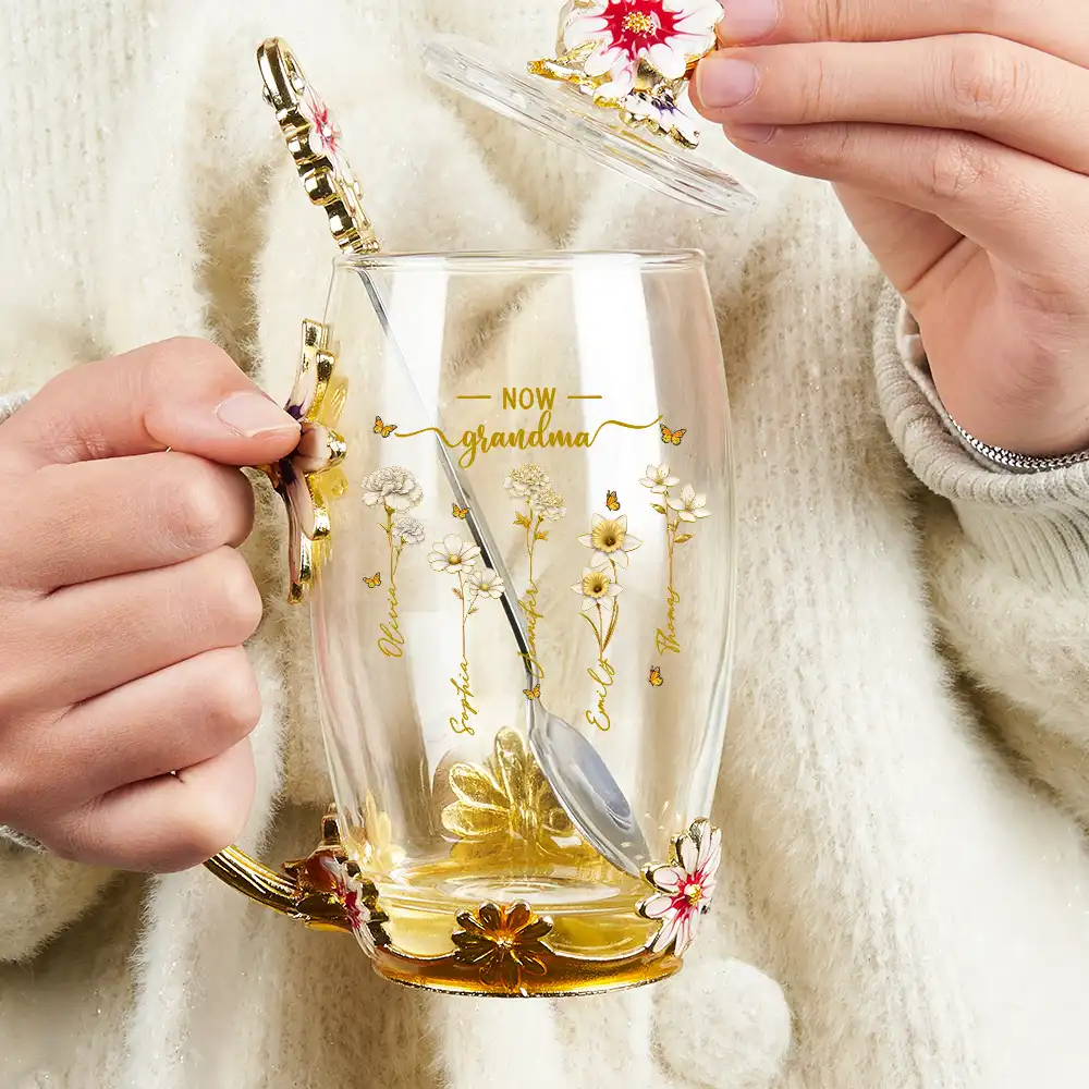 First Mom Now Grandma Birth Month Flower - Personalized Glass Flower Tea Cup - Image 3