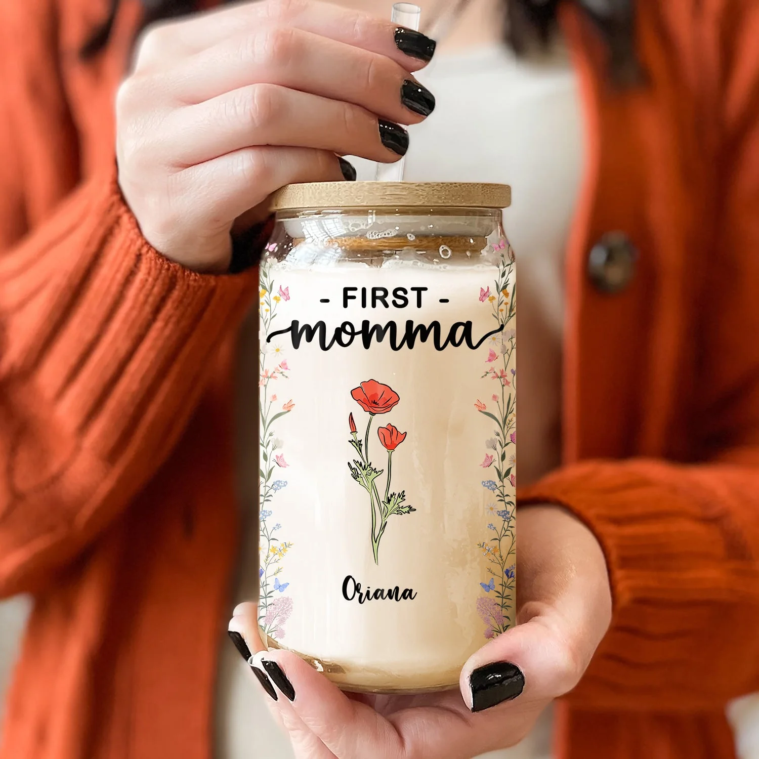First Mom Now Grandma Birth Month Flowers - Gift For Mommy, Nana - Personalized Clear Glass Can - Image 2