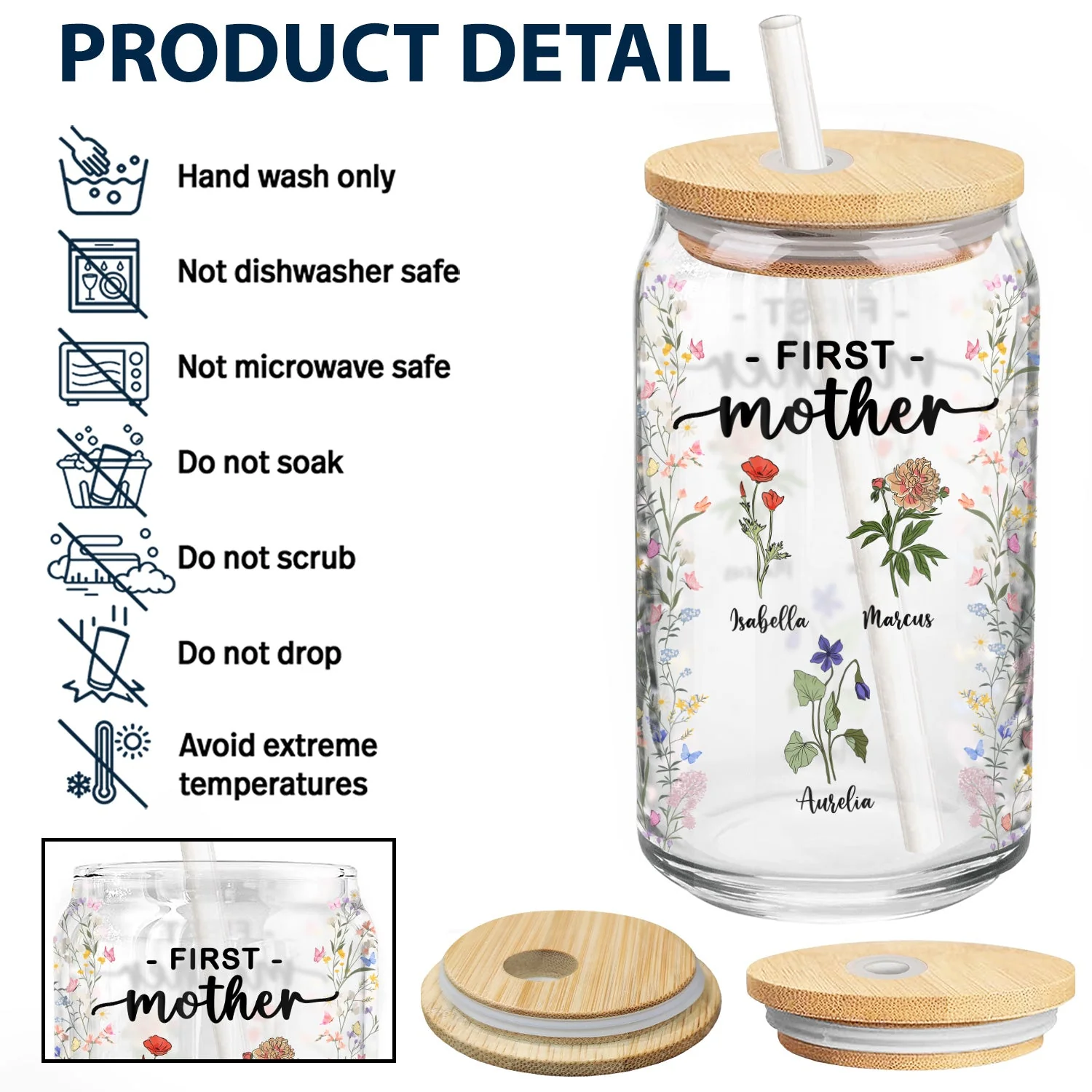 First Mom Now Grandma Birth Month Flowers - Gift For Mommy, Nana - Personalized Clear Glass Can - Image 4