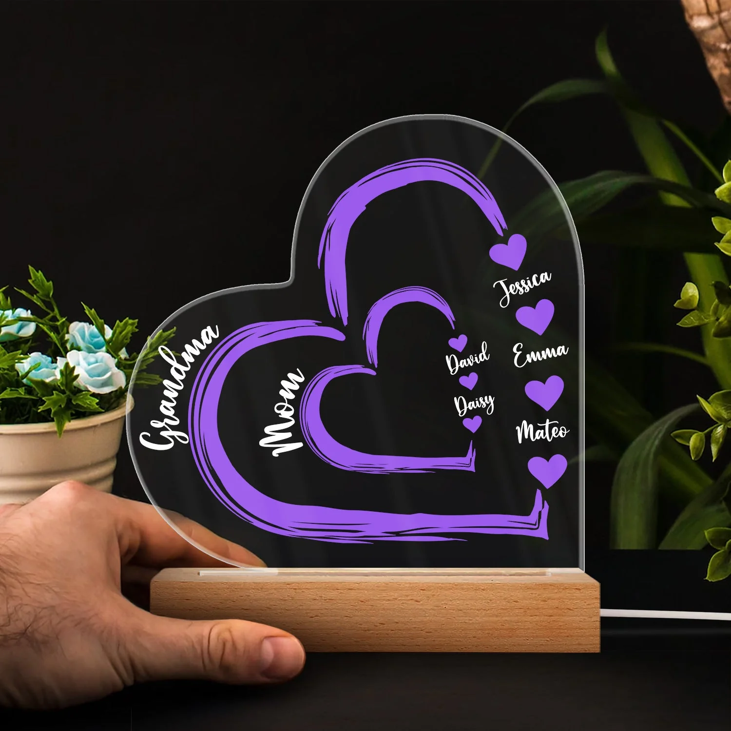 First Mom Now Grandma Floral - Gift For Mothers, Grandmas, Aunties - Personalized 3D Led Light Wooden Base - Image 4