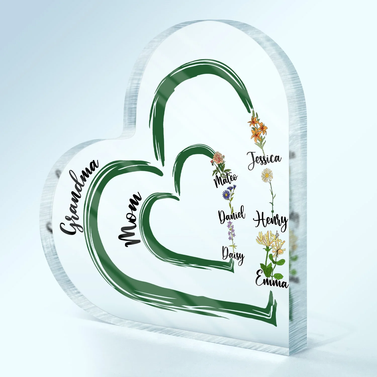 First Mom Now Grandma Floral - Gift For Mothers, Grandmas, Aunties - Personalized Heart Shaped Acrylic Plaque - Image 3