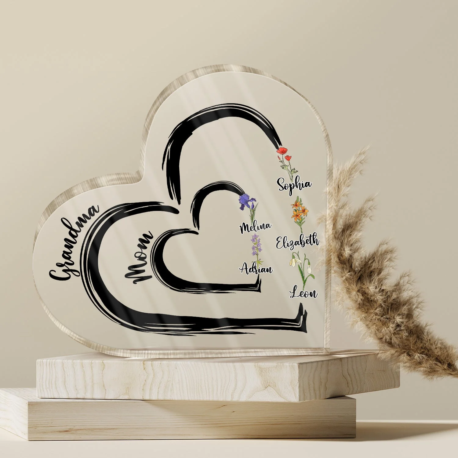 First Mom Now Grandma Floral - Gift For Mothers, Grandmas, Aunties - Personalized Heart Shaped Acrylic Plaque - Image 5