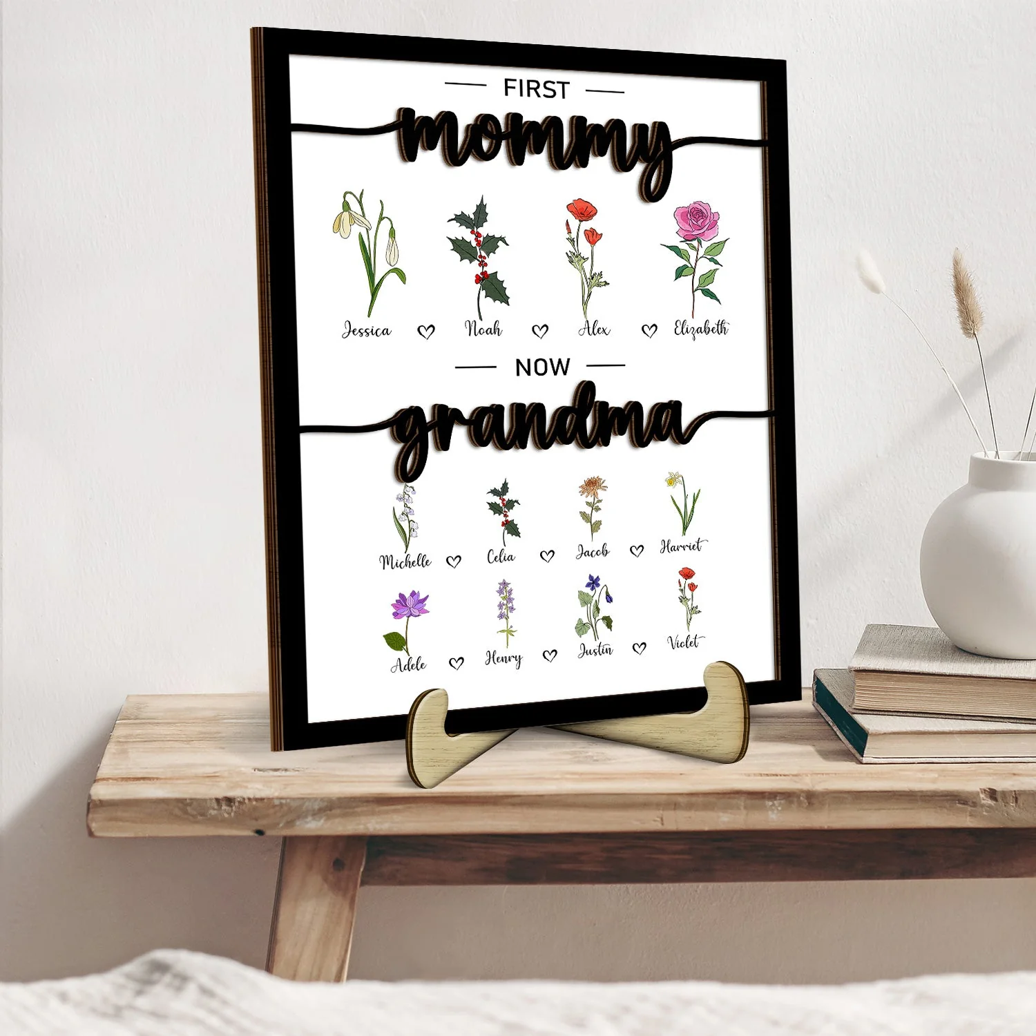 First Mom Now Grandma - Gift For Mom, Grandma - Personalized 2-Layered Wooden Plaque With Stand - Image 2
