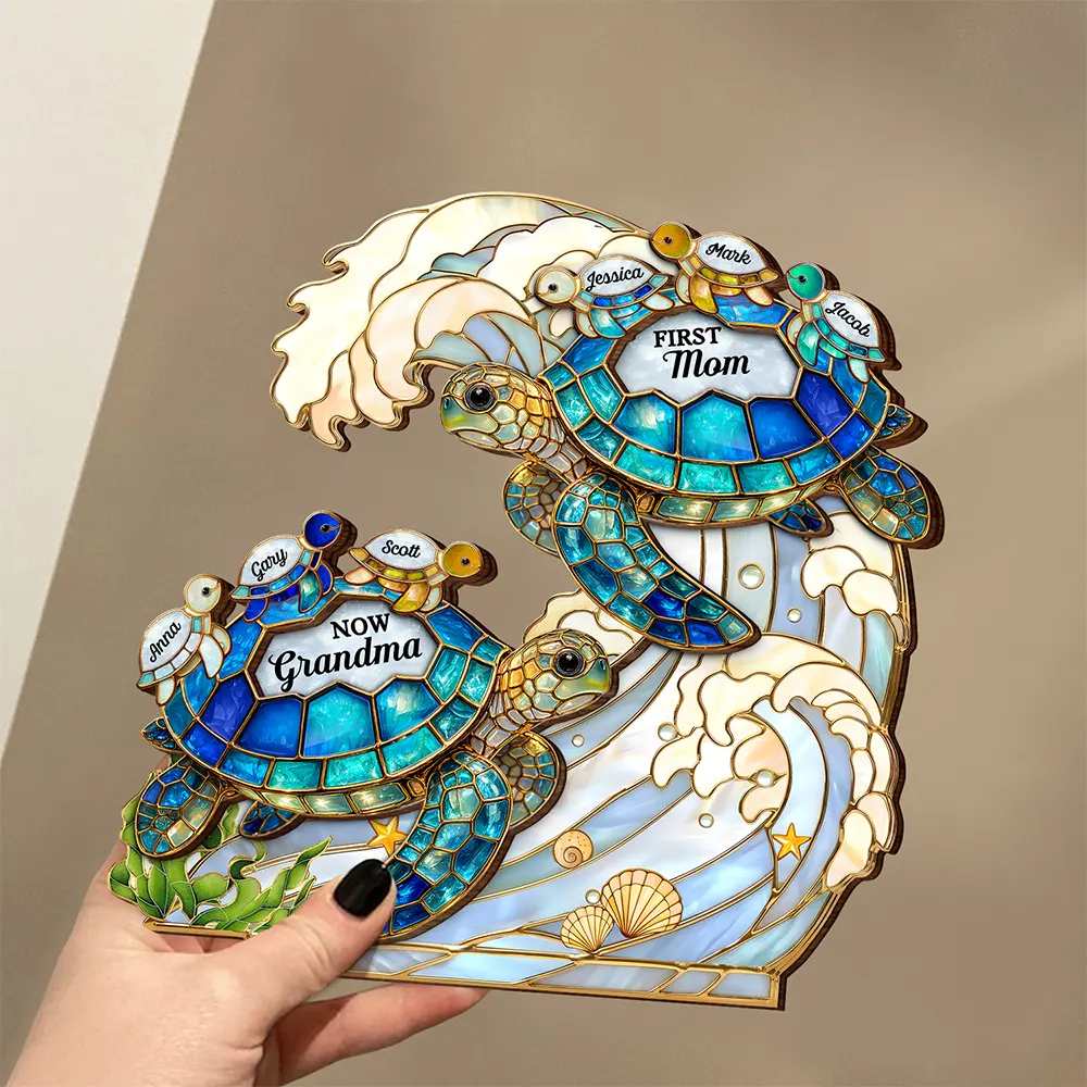First Mom Now Grandma Stained Glass Turtle - Personalized Custom Shaped Wooden Plaque - Image 3