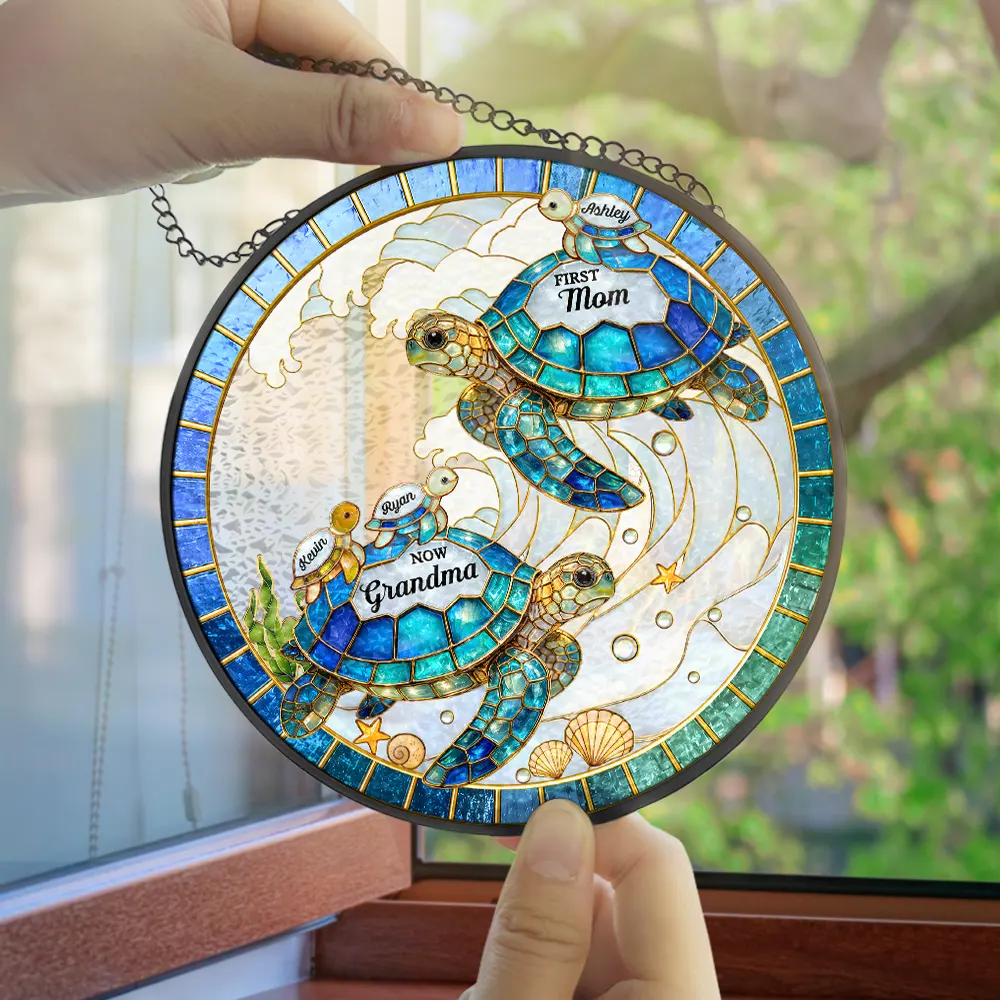 First Mom Now Grandma Stained Glass Turtle - Personalized Stained Glass Window Hanging Suncatcher - Image 4