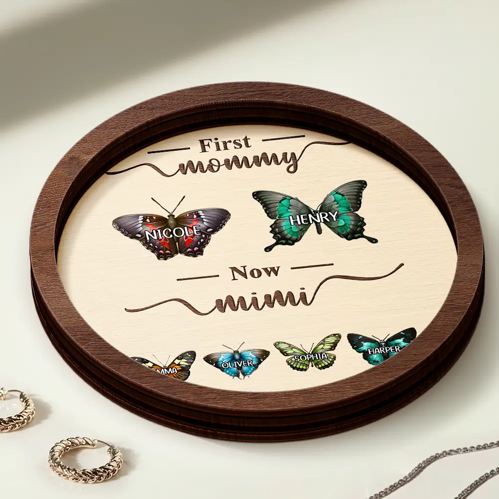 First Mom Now Grandma Watercolor Flower - Personalized 2-Layered Wooden Ring Dish - Image 3