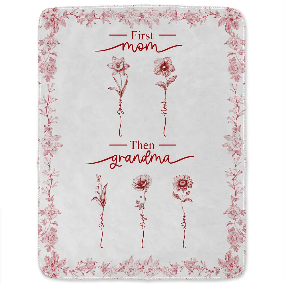 First Mom Then Grandma Birth Month Flower Chinoiserie Toile - Personalized Fleece Blanket, Sherpa Blanket - Image 2