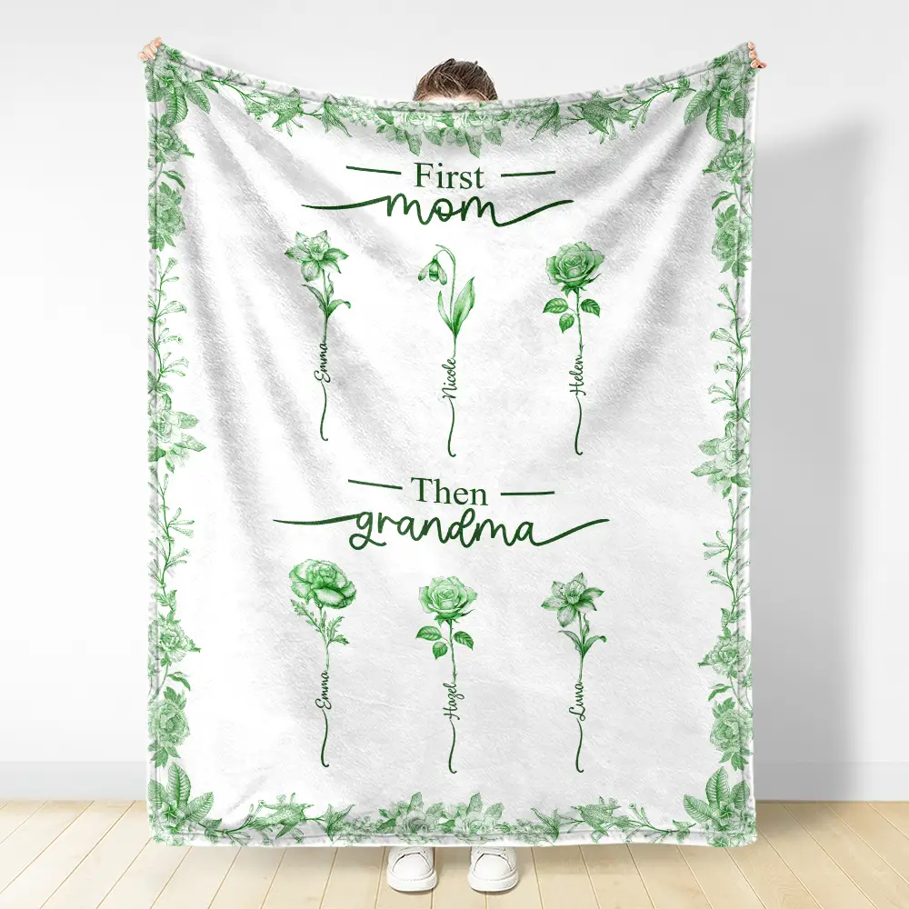 First Mom Then Grandma Birth Month Flower Chinoiserie Toile - Personalized Fleece Blanket, Sherpa Blanket - Image 3